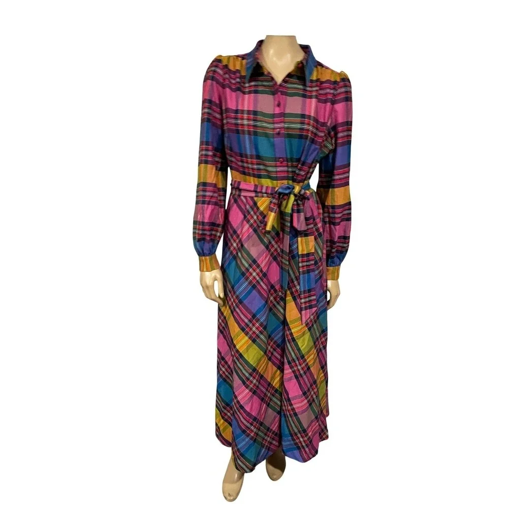 Boden Vivienne Bold Check Button Up Maxi Dress Belted Long Sleeve | Size 8 - Picture 3 of 13